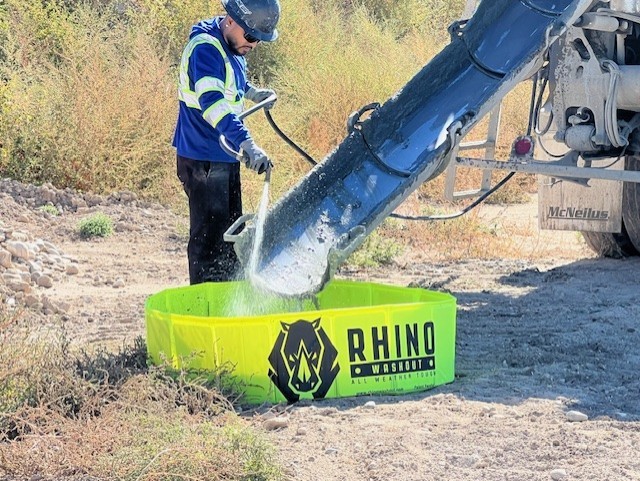 March 2025 initial concrete truck chute washout into the field-test Rhino Washout