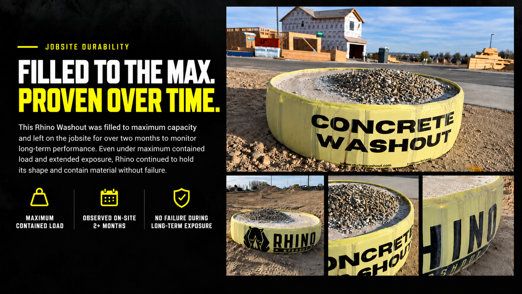 Rhino Washout filled to the max, proven over time: one unit remained intact after more than two months on the jobsite