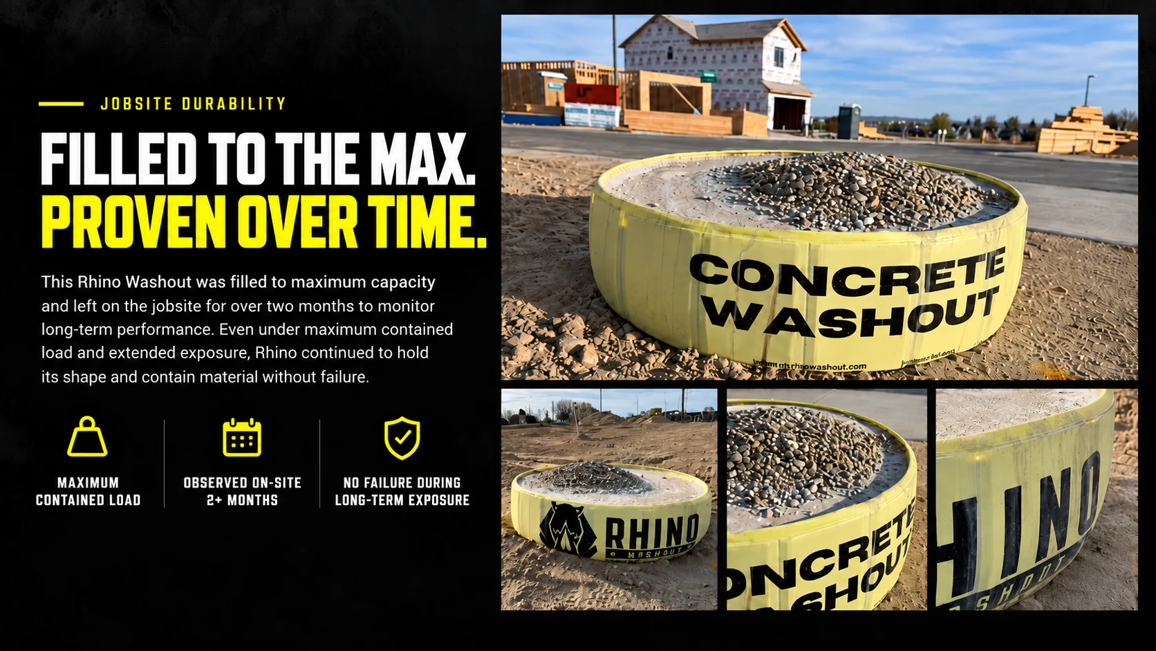 Rhino Washout filled to the max, proven over time: one unit remained intact after more than two months on the jobsite