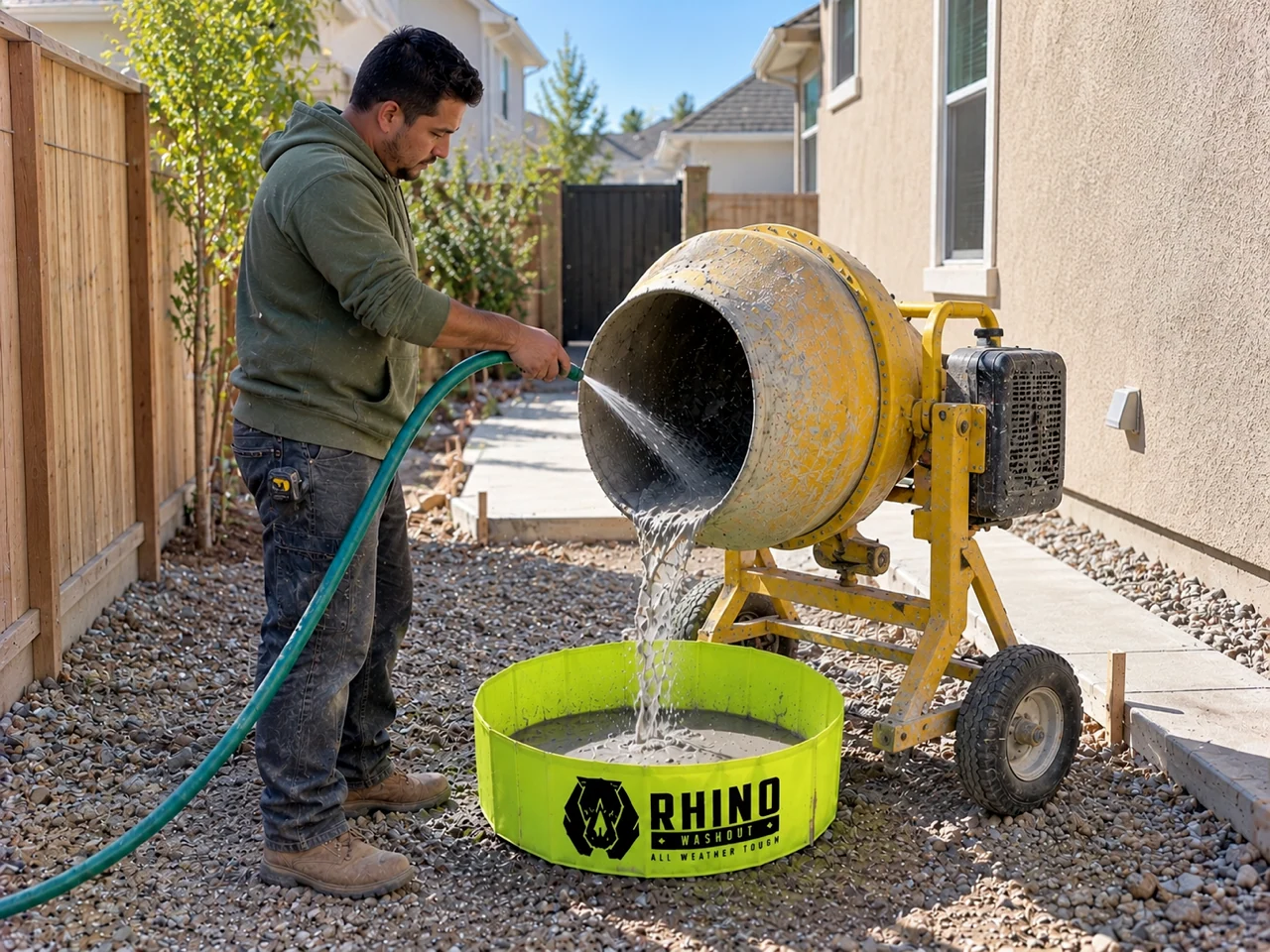 Smaller Rhino Washout containing wash water during portable concrete mixer cleanup