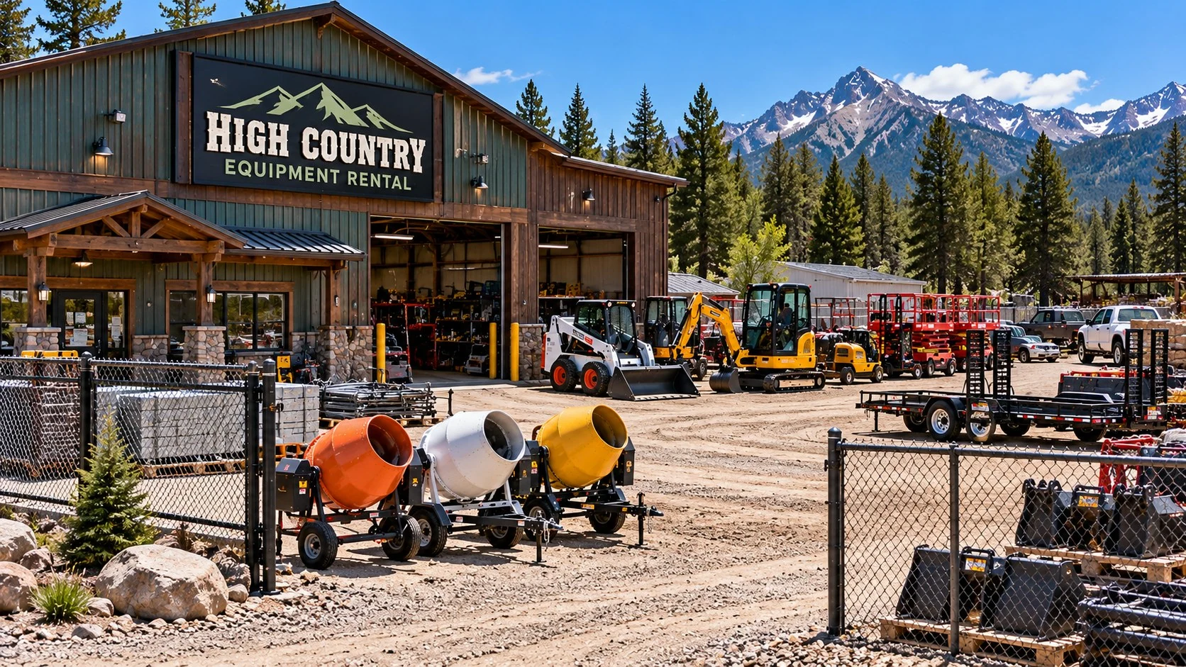 High Country Equipment Rental location with tow-behind concrete mixers outside