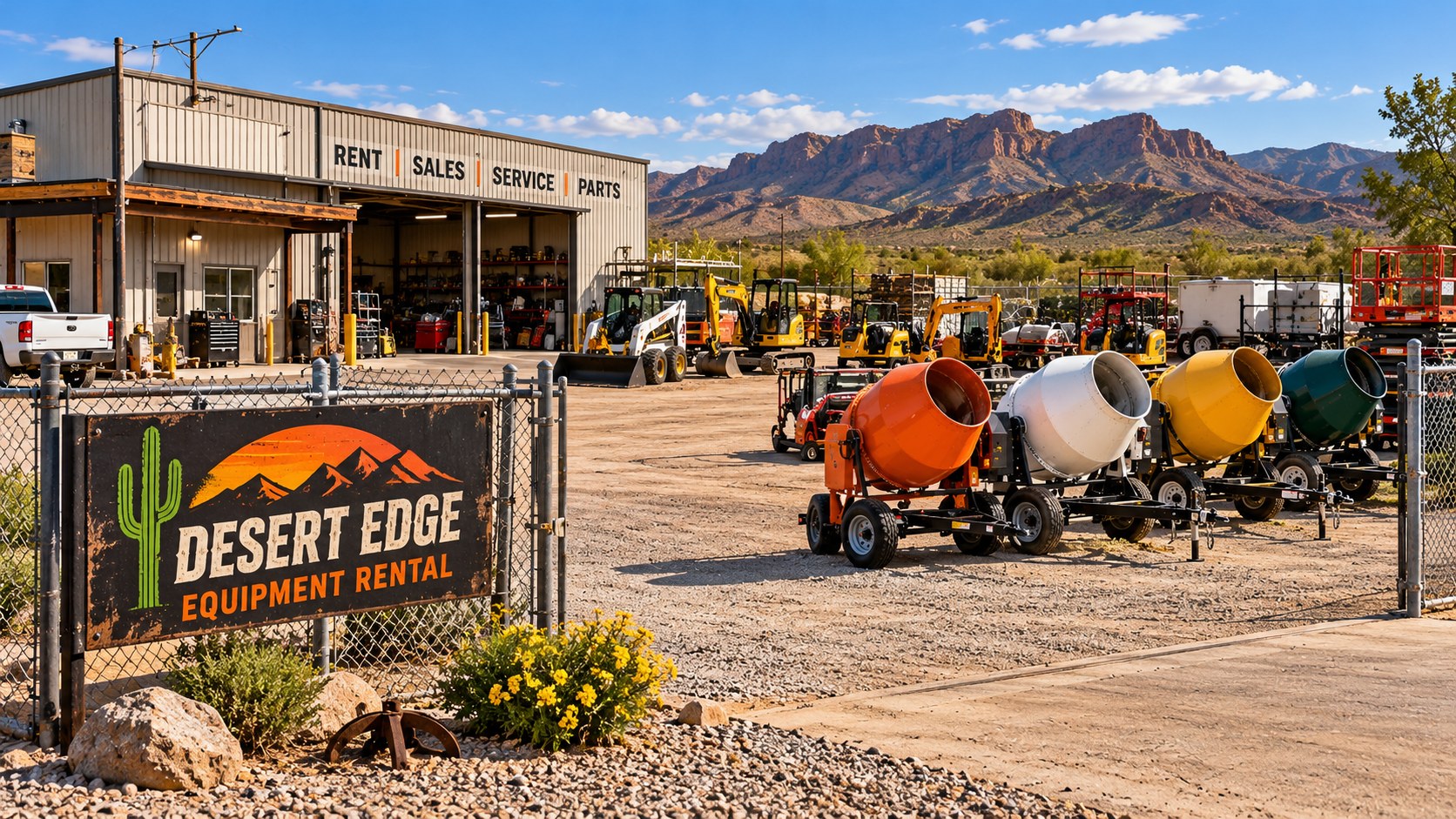 Desert Edge Equipment Rental location displaying concrete mixer rentals
