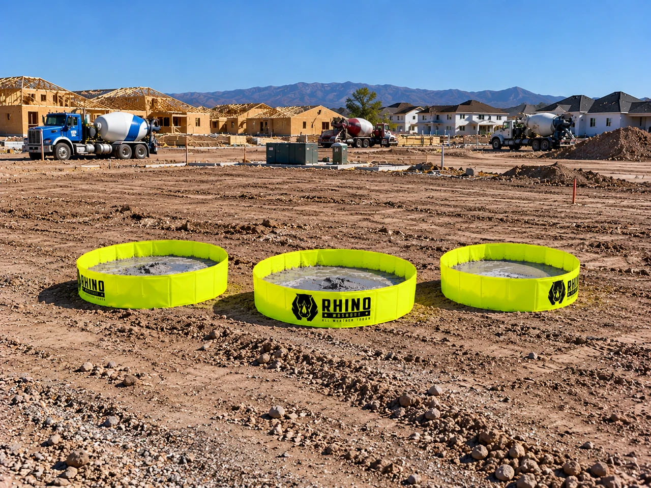 Three six-foot Rhino Washouts positioned on an active residential construction jobsite