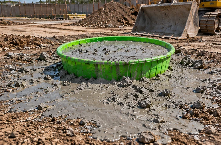 Overfilled green plastic washout surrounded by slurry
